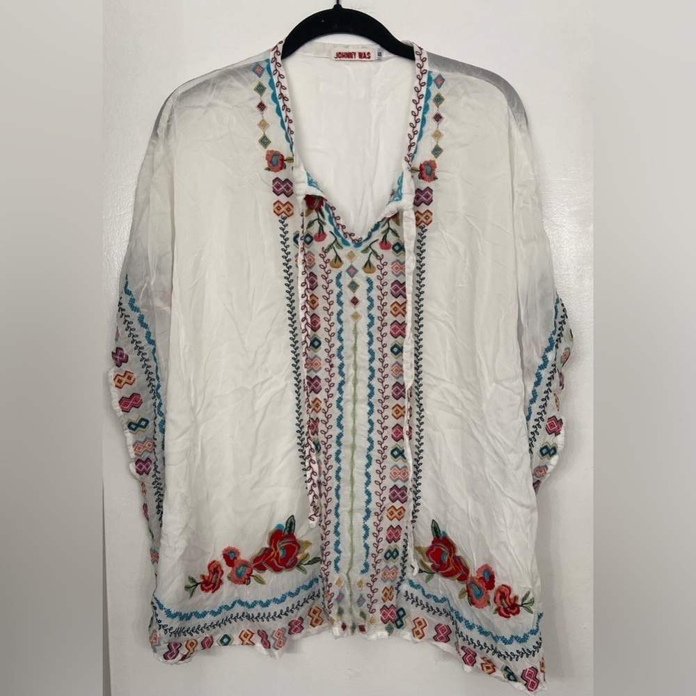Johnny Was White Embroidered Peasant Blouse with Red & Turquoise Accents
